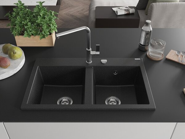 Mexen Hektor, chiuveta granit cu 2 camere 800x480x205 mm, negru-argintiu metalic, sifon crom, 6521802000-73