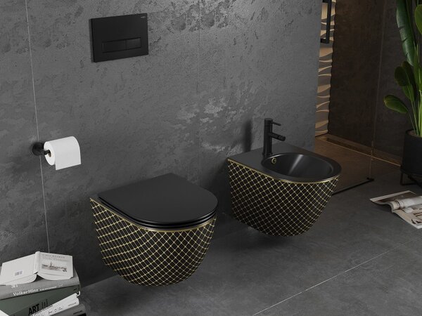 Mexen Lena, vas de toaletă suspendat 480x360x355 mm cu scaun care cade încet, negru mat - model auriu, 30224079