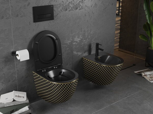 Mexen Lena, vas de toaletă suspendat 480x360x355 mm cu scaun care cade încet, negru mat - model auriu, 30224079