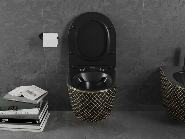 Mexen Lena, vas de toaletă suspendat 480x360x355 mm cu scaun care cade încet, negru mat - model auriu, 30224079