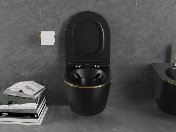 Mexen Lena, vas de toaletă suspendat 480x360x355 mm cu scaun care cade încet, negru mat - margine aurie, 30224075