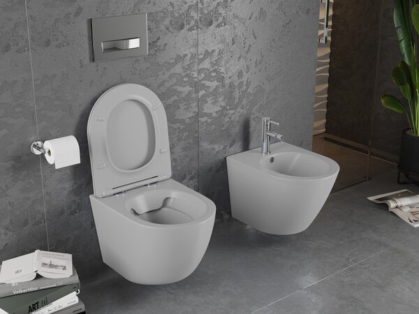 Vas WC Mexen Lena Rimless cu scaun de toaletă subțire, duroplast, gri deschis mat, 30224061