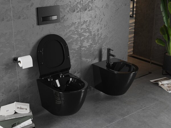 Mexen Lena WC montat pe perete fără margine cu scaun cu închidere lentă, negru lucios, 30224070