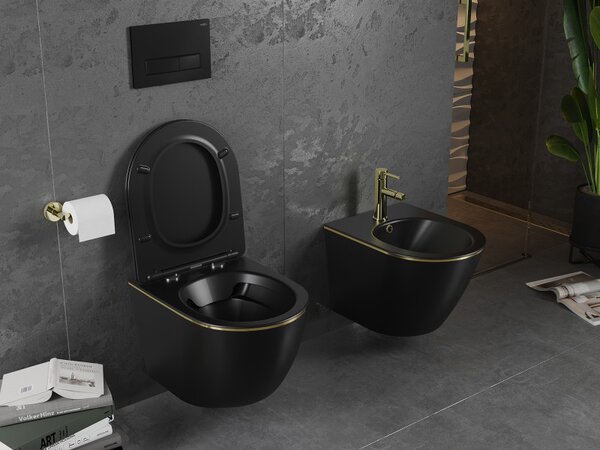 Mexen Lena, vas de toaletă suspendat 480x360x355 mm cu scaun care cade încet, negru mat - margine aurie, 30224075