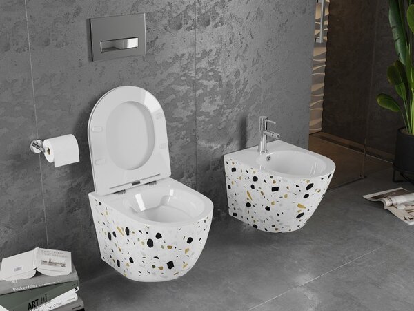 Mexen Lena, Vas de toaletă suspendat fără margine, cu scaun din plastic duro cu închidere lentă, model alb-terrazzo, 30224096