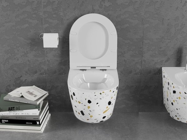 Mexen Lena, Vas de toaletă suspendat fără margine, cu scaun din plastic duro cu închidere lentă, model alb-terrazzo, 30224096