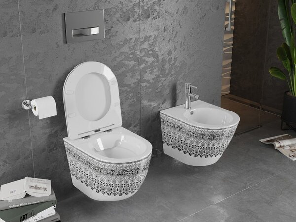 Mexen Lena, vas de toaletă montat pe perete fără margine, cu scaun din plastic duro cu închidere lentă, model alb-negru, 30224095