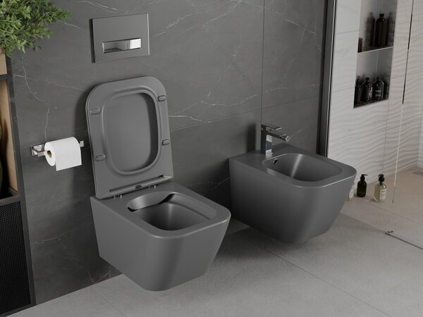 Mexen Madox, Vas de toaletă montat pe perete fără margine 515x365x350 mm cu scaun SLIM cu cădere lentă din duroplast, gri deschis, 30154061