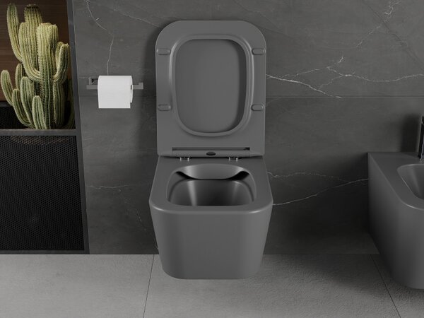 Mexen Madox, Vas de toaletă montat pe perete fără margine 515x365x350 mm cu scaun SLIM cu cădere lentă din duroplast, gri deschis, 30154061