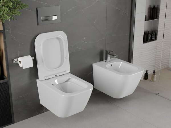 Mexen Madox, Vas de toaletă montat pe perete fără margine 515x365x350 mm cu scaun SLIM cu cădere lentă din duroplast, alb, 30154000
