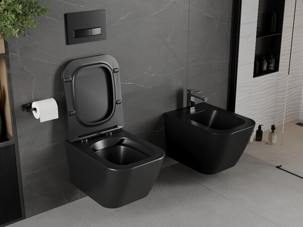 Mexen Madox, Vas de toaletă montat pe perete fără margine 515x365x350 mm cu scaun SLIM cu cădere lentă din duroplast, negru mat, 30154070