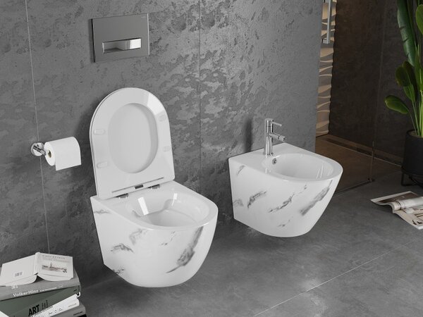 Mexen Lena, Vas de toaletă montat pe perete fără margine, cu scaun duroplastic cu închidere lentă, imitație de piatră albă-marmură, 30224092