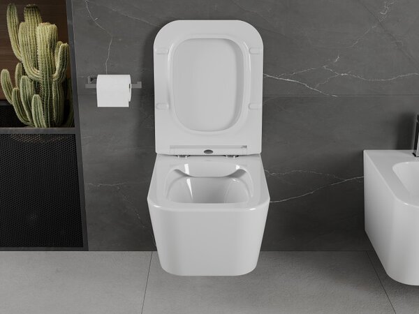 Mexen Madox, Vas de toaletă montat pe perete fără margine 515x365x350 mm cu scaun SLIM cu cădere lentă din duroplast, alb, 30154000