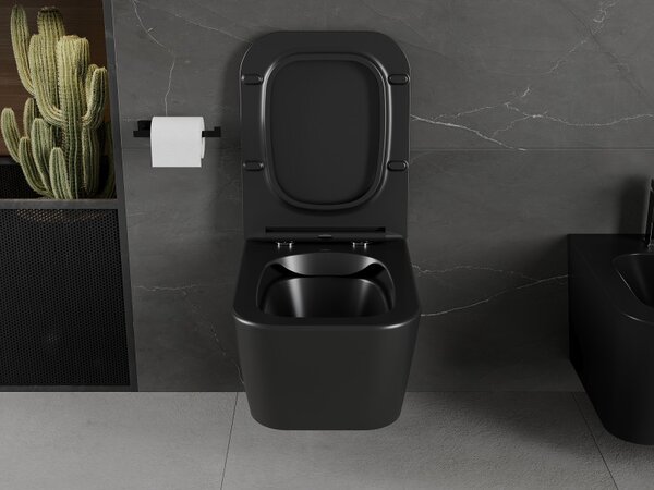Mexen Madox, Vas de toaletă montat pe perete fără margine 515x365x350 mm cu scaun SLIM cu cădere lentă din duroplast, negru mat, 30154070