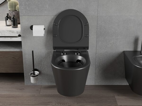 WC montat pe perete Mexen Rico Rimless cu scaun de toaletă Slim din duroplast, negru mat - 30720185