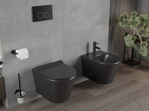 WC montat pe perete Mexen Rico Rimless cu scaun de toaletă Slim din duroplast, negru mat - 30720185