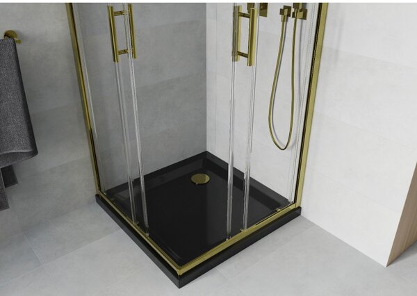 Mexen Rio, duș pătrat cu ușă glisantă 70(uşă) x 70(uşă) x 190 cm, sticlă transparentă 6mm, profil auriu + cadă de duș SLIM neagră cu sifon auriu, 860-070-070-50-00-4070G