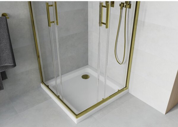 Mexen Rio, duș pătrat cu ușă glisantă 70(uşă) x 70(uşă) x 190 cm, sticlă transparentă de 6 mm, profil auriu + cadă de duș SLIM cu sifon auriu, 860-070-070-50-00-4010G
