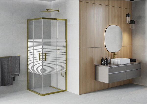 Mexen Rio, duș pătrat cu uşă glisantă 70(uşă) x 70(uşă) x 190 cm, sticlă transparentă de 6 mm cu benzi, profil auriu, 860-070-070-50-20