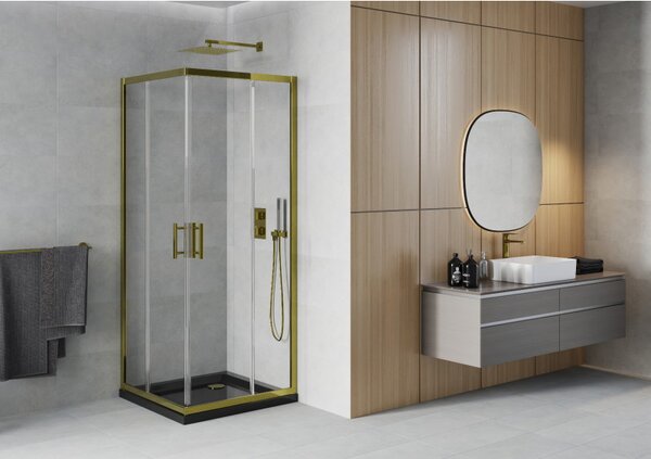 Mexen Rio, duș pătrat cu ușă glisantă 70(uşă) x 70(uşă) x 190 cm, sticlă transparentă 6mm, profil auriu + cadă de duș SLIM neagră cu sifon auriu, 860-070-070-50-00-4070G