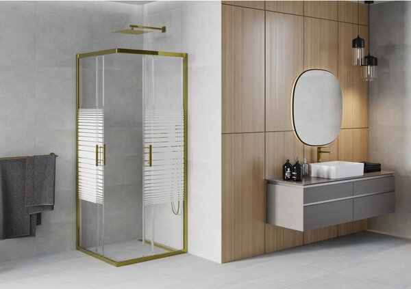 Mexen Rio, duș pătrat cu uşă glisantă 70(uşă) x 70(uşă) x 190 cm, sticlă transparentă de 6 mm cu benzi, profil auriu, 860-070-070-50-20