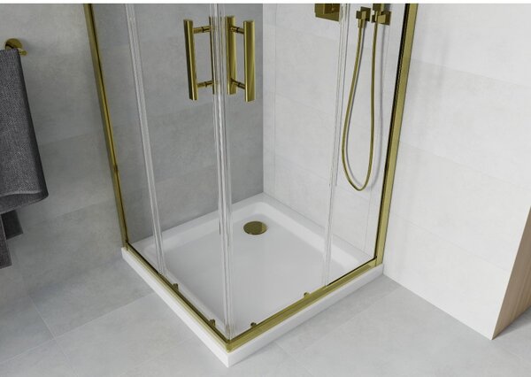 Mexen Rio, duș pătrat cu ușă glisantă 70(uşă) x 70(uşă) x 190 cm, sticlă transparentă de 6 mm, profil auriu + cadă de duș SLIM cu sifon auriu, 860-070-070-50-00-4010G