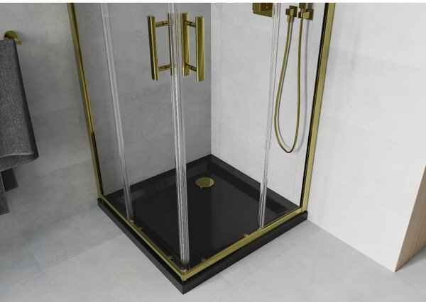 Mexen Rio, duș pătrat cu ușă glisantă 70(uşă) x 70(uşă) x 190 cm, sticlă transparentă 6mm, profil auriu + cadă de duș SLIM neagră cu sifon auriu, 860-070-070-50-00-4070G