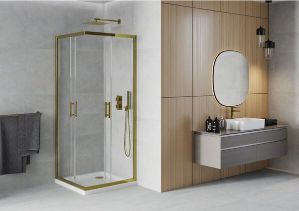 Mexen Rio, duș pătrat cu ușă glisantă 70(uşă) x 70(uşă) x 190 cm, sticlă transparentă de 6 mm, profil auriu + cadă de duș SLIM cu sifon auriu, 860-070-070-50-00-4010G