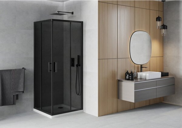 Mexen Rio, duș pătrat cu ușă glisantă 90(uşă) x 90(uşă) x 190 cm, sticlă gri 6mm, profil negru + cadă de duș SLIM albă, 860-090-090-70-40-4010B