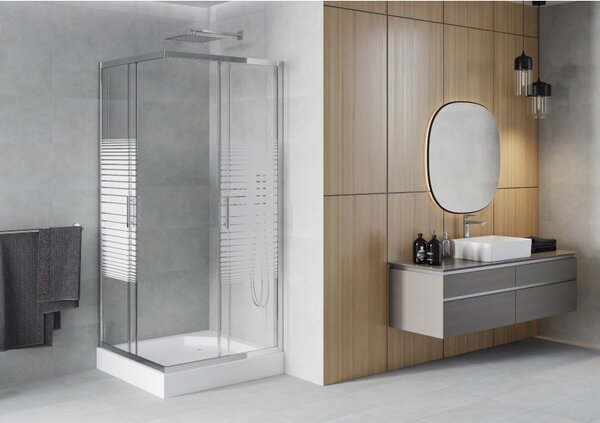 Mexen Rio, duș pătrat cu ușă glisantă 90 x 90 cm, sticlă/benzi incolore 6 mm, profil crom + cadă de duș albă înaltă Rio, 860-090-090-01-20-4510