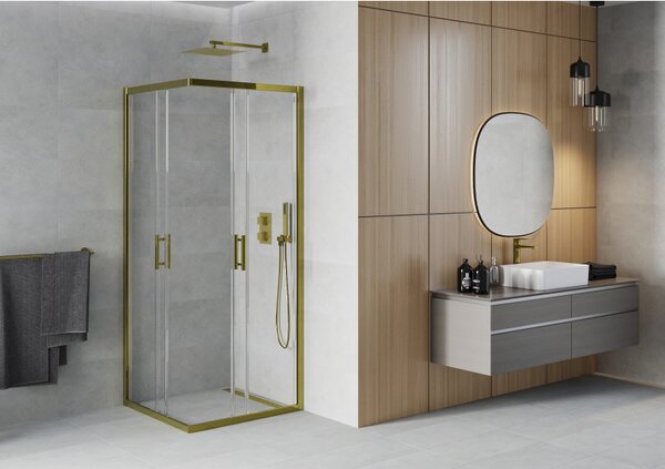 Mexen Rio, duș pătrat cu uşă glisantă 90(uşă) x 90(uşă) x 190 cm, sticlă transparentă 6mm, profil auriu, 860-090-090-50-00