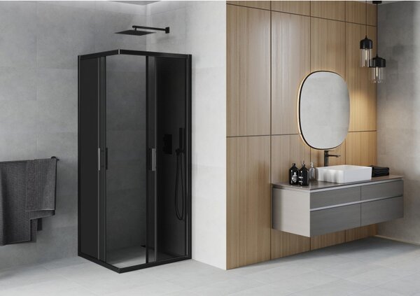 Mexen Rio, duș pătrat cu uşă glisantă 70(uşă) x 70(uşă) x 190 cm, sticlă gri 6mm, profil negru, 860-070-070-70-40