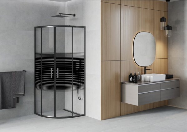 Mexen Rio, duș pătrat cu ușă glisantă 70 (uşă) x 70 (uşă) x 190 cm, sticlă transparentă de 6 mm cu benzi, profil negru, 863-070-070-70-20