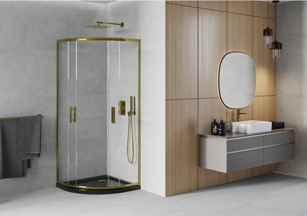 Mexen Rio, duș pătrat cu ușă glisantă 80 (uşă) x 80 (uşă) x 190 cm, sticlă transparentă de 6 mm, profil auriu + cadă de duș SLIM neagră, 863-080-080-50-00-4170G