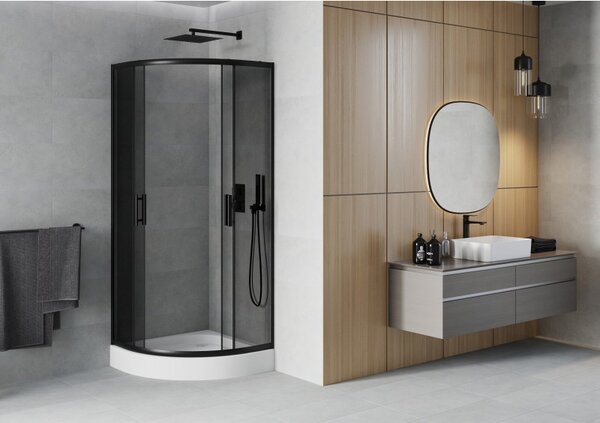 Mexen Rio, duș pătrat cu ușă glisantă 80(uşă) x 80(uşă) x 190 cm, sticlă gri 6mm, profil negru + cadă de duș albă RIO, 863-080-080-70-40-4710
