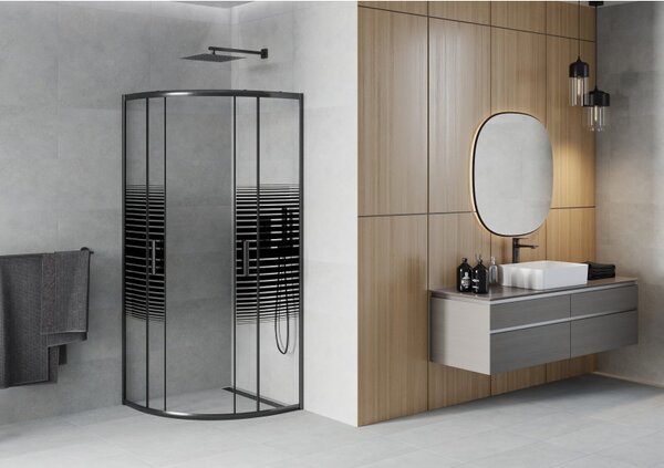 Mexen Rio, duș pătrat cu ușă glisantă 70 (uşă) x 70 (uşă) x 190 cm, sticlă transparentă de 6 mm cu benzi, profil negru, 863-070-070-70-20
