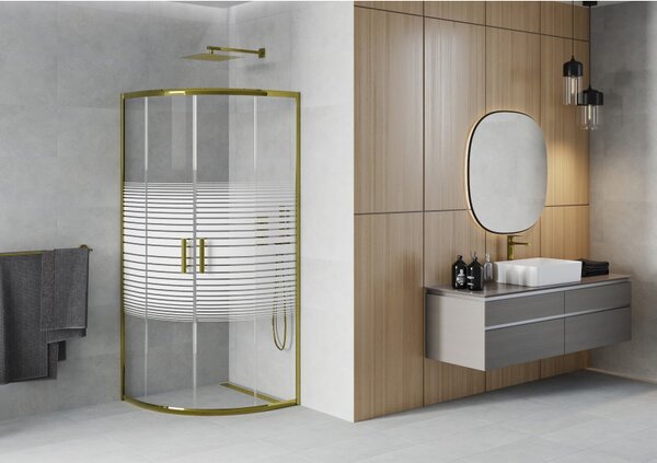 Mexen Rio, duș pătrat cu ușă glisantă 70(uşă) x 70(uşă) x 190 cm, sticlă transparentă de 6 mm cu benzi, profil auriu lucios, 863-070-070-50-20