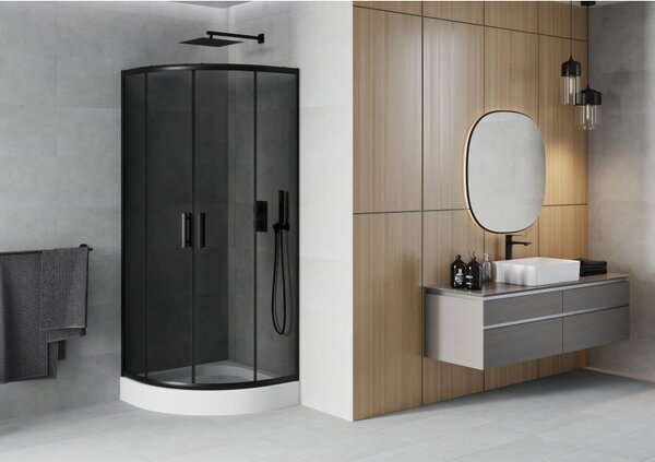 Mexen Rio, duș pătrat cu ușă glisantă 80(uşă) x 80(uşă) x 190 cm, sticlă gri 6mm, profil negru + cadă de duș albă RIO, 863-080-080-70-40-4710