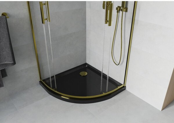 Mexen Rio, duș pătrat cu ușă glisantă 80 (uşă) x 80 (uşă) x 190 cm, sticlă transparentă de 6 mm, profil auriu + cadă de duș SLIM neagră, 863-080-080-50-00-4170G