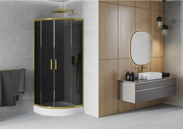 Mexen Rio, duș pătrat cu ușă glisantă 70(uşă) x 70(uşă) x 190 cm, sticlă gri 6mm, profil auriu + cadă de duș albă RIO, 863-070-070-50-0-4710