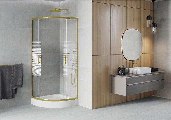 Mexen Rio, duș pătrat cu ușă glisantă 80(uşă) x 80(uşă) x 190 cm, sticlă transparentă 6mm cu benzi, profil auriu + cadă de duș albă RIO, 863-080-080-…