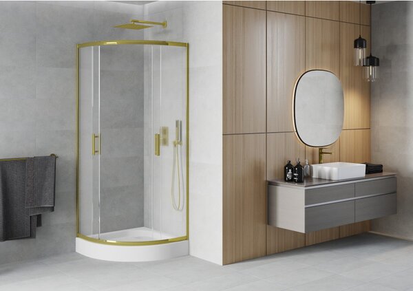 Mexen Rio, duș pătrat cu ușă glisantă 70(uşă) x 70(uşă) x 190 cm, sticlă mată 6mm, profil auriu + cadă de duș albă RIO, 863-070-070-50-30-4710