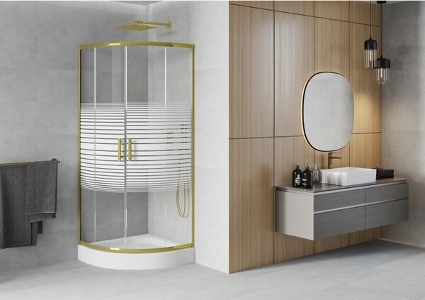 Mexen Rio, duș pătrat cu ușă glisantă 80(uşă) x 80(uşă) x 190 cm, sticlă transparentă 6mm cu benzi, profil auriu + cadă de duș albă RIO, 863-080-080-…