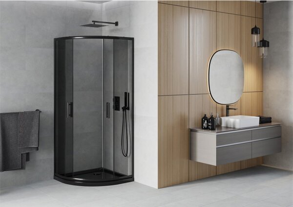 Mexen Rio, duș pătrat cu ușă glisantă 80 (uşă) x 80 (uşă) x 190 cm, sticlă gri 6 mm, profil negru + cadă de duș SLIM neagră, 863-080-080-70-40-4170B