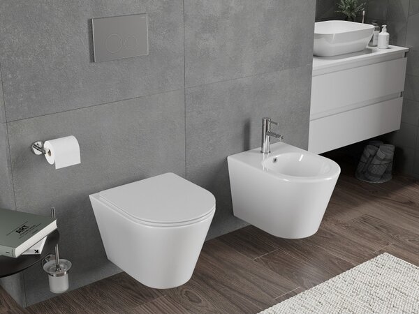Mexen Rico, vas de toaletă suspendat 490x360x370 mm, Rimless Tornado + scaun de toaletă din duroplast, alb lucios, 30720300T