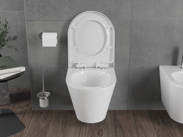 Mexen Rico, vas de toaletă suspendat 490x360x370 mm, Rimless Tornado + scaun de toaletă din duroplast, alb lucios, 30720200T