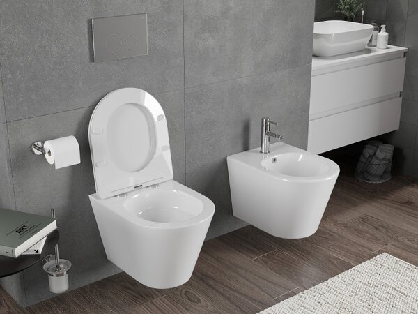 Mexen Rico, vas de toaletă suspendat 490x360x370 mm, Rimless Tornado + scaun de toaletă din duroplast, alb lucios, 30720300T