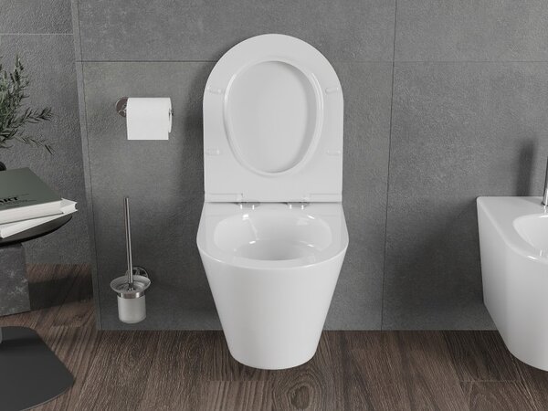 Mexen Rico, vas de toaletă suspendat 490x360x370 mm, Rimless Tornado + scaun de toaletă din duroplast, alb lucios, 30720500T