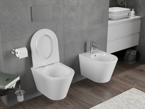 Mexen Rico, vas de toaletă suspendat 490x360x370 mm, Rimless Tornado + scaun de toaletă din duroplast, alb lucios, 30720500T