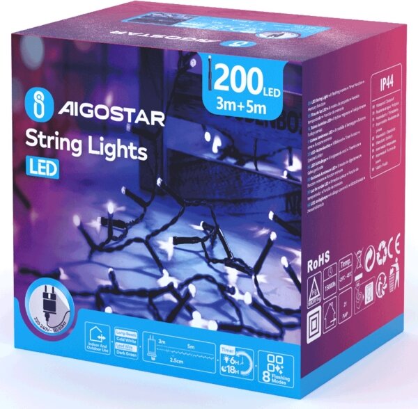 Aigostar - Ghirlandă LED de exterior pentru Crăciun, 200 LED / 8 funcții, 8 m, IP44, alb rece